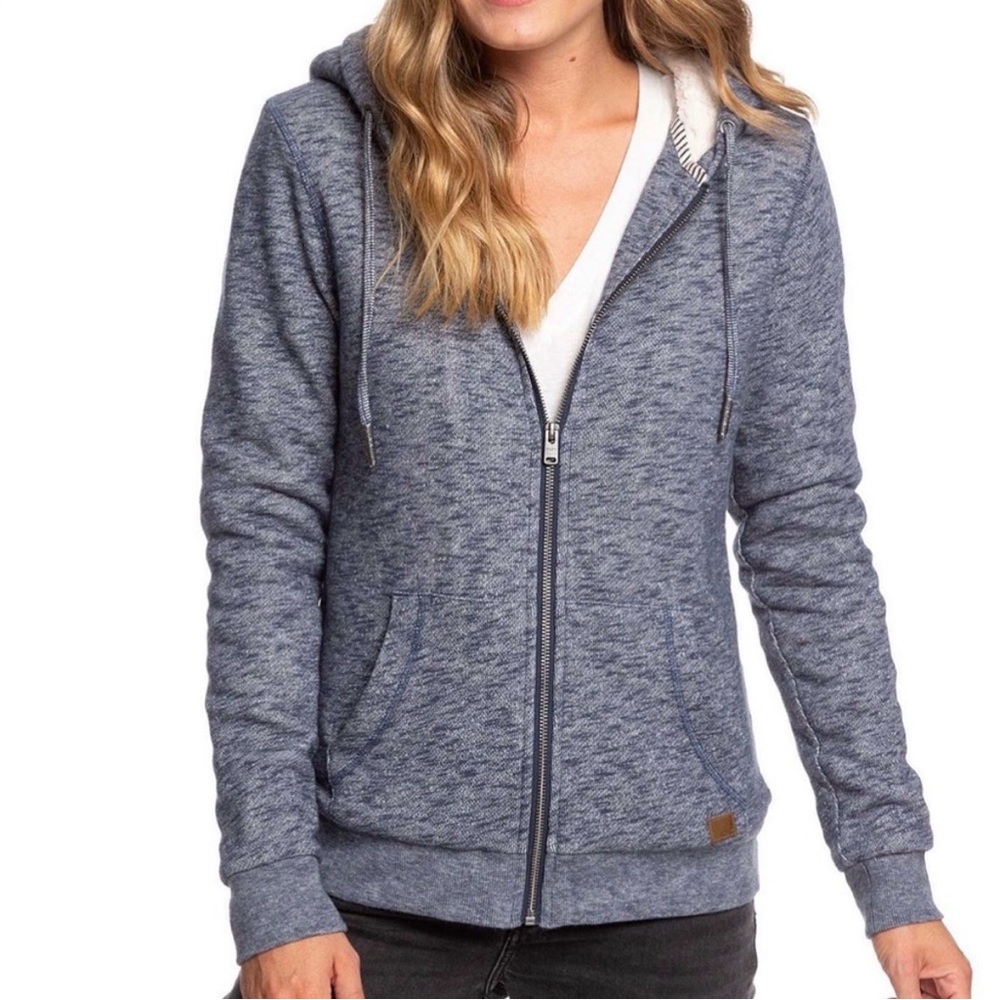 M Roxy Trippin Sherpa Lined Full Zip Hoodie Blue Marled Cozy NWT